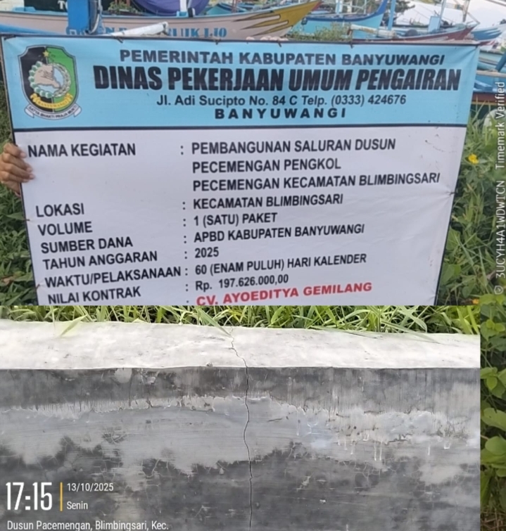 Diduga Ajang Bisnis,Pembangunan Saluran di Dusun Pacemengan Banyuwangi Sudah Retak